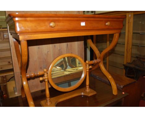 A contemporary cherrywood round cornered single drawer dressing table, having portable swing mirror back 