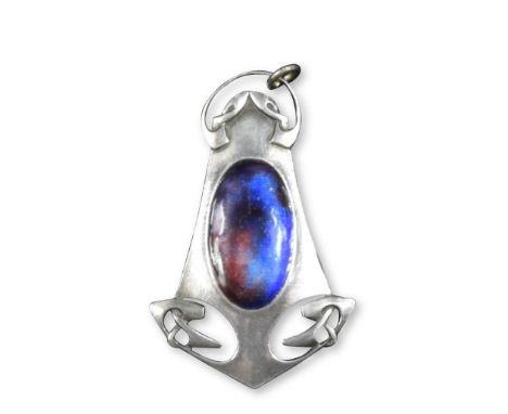 a pierced triangular frame with Celtic knot decoration, and a central blue/purple enamel panel, length 4.5cm, unhallmarked, s
