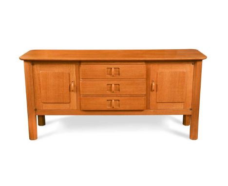 with three central drawers flanked by cupboard doors to either side79.5 x 168 x 53cmCondition report: In good sturdy overall 
