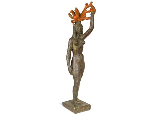 modelled with a pink coral headpiece, signed to base and with paper label to underside which reads 'Ribareva Kcer - Visina Sk