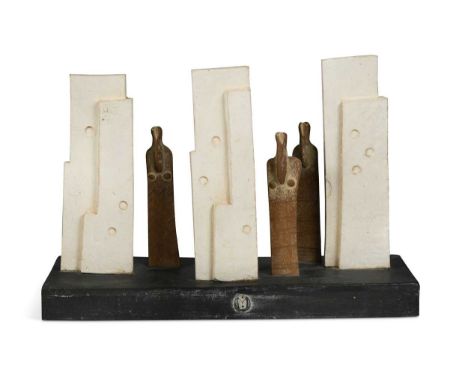 a stoneware model of three standing figures between rectangular structures, moulded seal mark to reverse, signed and titled t
