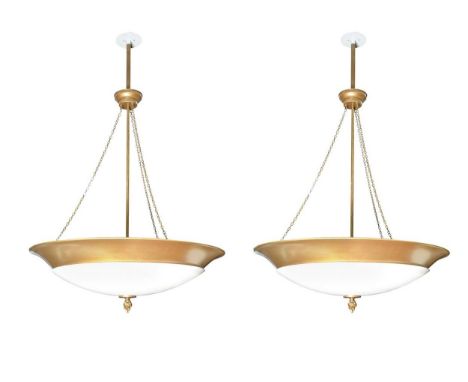 each with large circular metal ring with opaque perspex centre bowl suspended with central rod and chains, each bowl enclosin