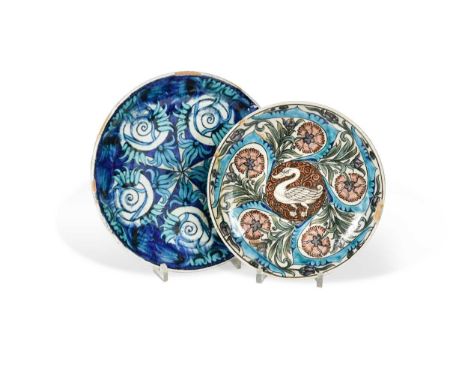 one painted with a central swan within a chrysanthemum border, the reverse with concentric circles in light and dark blue wit