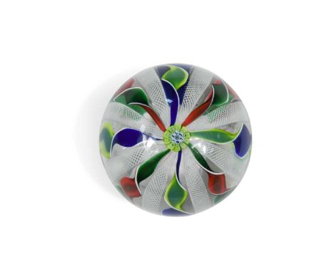 set with alternating red and green and blue and green twisted ribbons separated by latticino spirals radiating from a central
