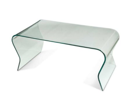 A contemporary glass coffee table, formed from a single sheet of glass with waisted ends44 x 95 x 50cmCondition report: Some 