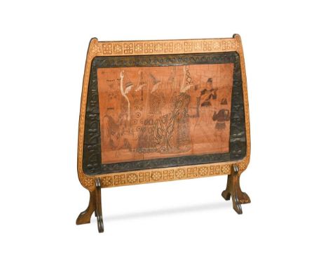 the central panel of figures in classical costume embellished with beadwork highlights, within a repoussé pewter surround and