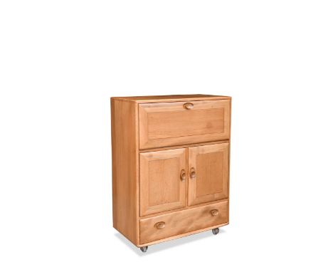 the rectangular top above a fall-front enclosing shelves and pigeonholes, above a pair of cupboard doors with single drawer b