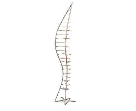 of sculptural form, comprising nine shelves of varying widths, some with an iridescent finish,183cm highCondition report: no 