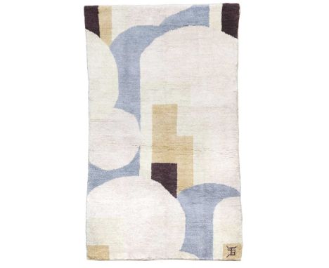 on linen canvas with an abstract design of interlocking cloud shapes in grey and cream and rectangular panels in dark brown, 