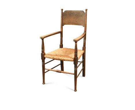 having ring-turned supports and deep splat back, with rush seat104cm high 