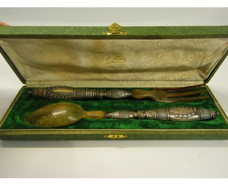 A pair early 20c French servers with horn bowl and pronged fork, having silver plated handles, oak leaf and acorn embossed, e