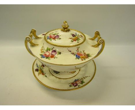 A 19c Nantgarw sauce tureen and cover and stand of circular form with spindle handles, hand painted in Serves style with flow