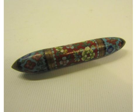 A late 19c enamel cloisonne needle case of cylindrical form with screw off end, decorated with flowers, 9cm l. 