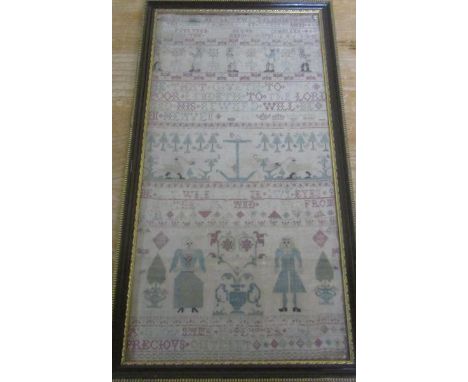 An early 18c needlework sampler by Elizabeth, The Charity School, St Clements Danes, aged 14, who began the sampler during De