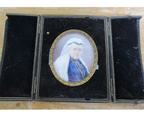 Dora Webb RMS 1935 - Miniature portrait of a lady, on ivory, signed and dated, oval framed and glazed, 7cm x 6cm, in leather 