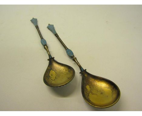 A pair of early 20c David Anderson silver and enamel cloisonne preserve type spoons, blue and white decorated, each 15cm l. 