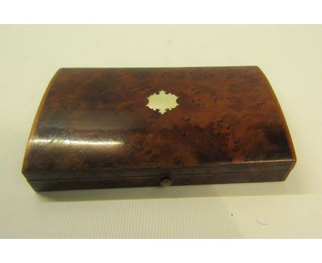 A 19c needlework necessaire containing five tools in a fitted burr wood box with hinge cover, 11.5cm w. 