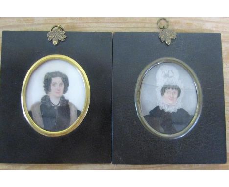 Pair of early 19c portrait miniatures of two ladies, painted by Mrs Maria Daniel, 69 Oxford Street, painted on ivory fillet, 