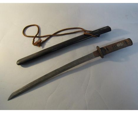 A Japanese short sword with 38cm slightly curved blade, iron tsuba and bound handle, with blade lacquered scabbard, 54cm l ov