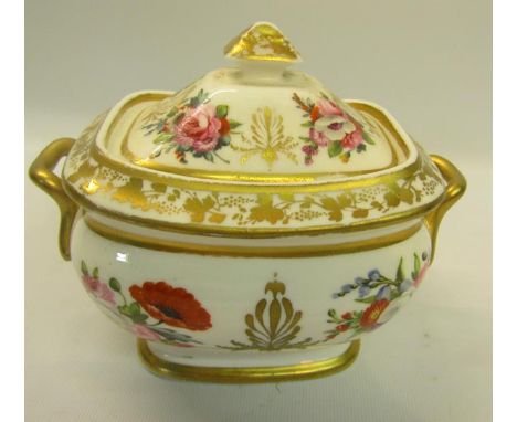 A 19c Nantgarw two handled sucrier and cover, hand painted and gilded with floral sprays including roses, unmarked, 12.5cm h,