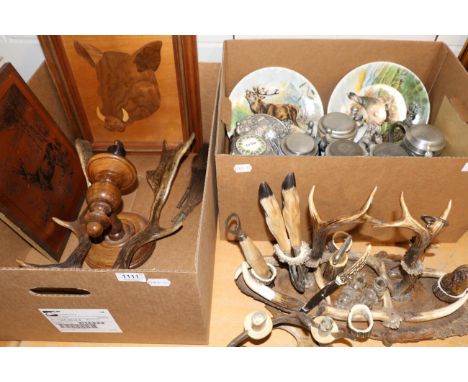 A Quantity of various animal horn mounted items, fallow deer antler mounted wall light, red deer antler mounted candle holder