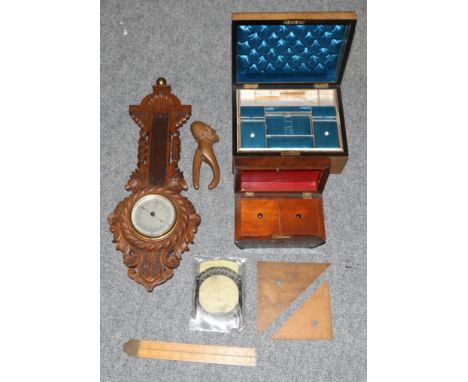 A carved oak barometer, rules, tea caddy, Victorian box etc 