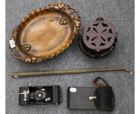 Carved fruit stand, carved hardwood stand, Kodak camera and conductors baton 