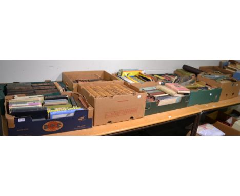 Twenty one boxes of books including Chamber's encyclopaedia, ten volumes in half calf leather with marble boards, published 1