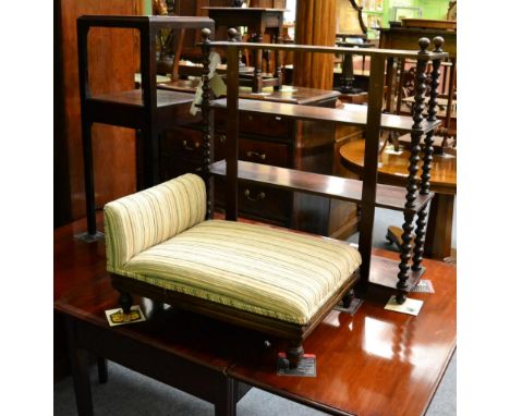 A three tier open wood shelf, a washstand and adjustable footstool 