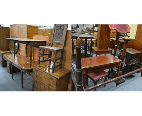 A group of furniture comprising a Georgian fold over tea table, a carved wooden Chinoiserie standard lamp, a torchere, a revo