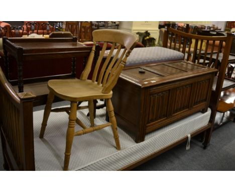 A 1920's/30's linen fold carved three panel oak blanket box, together with a small quantity of miscellaneous furniture includ