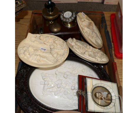 A quantity of items including piano key miniatures, a vintage Rotary Dial Telephone, lithograph, relief moulded plates etc