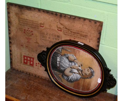 Framed sampler worked by Alice Porter 1840, beadwork picture of an Eastern lady in Victorian ebonised frame (2) 