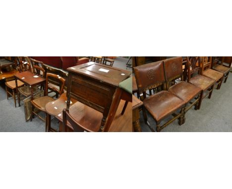 A group of furniture comprising a box stool, a nest of three reniform tables, set of three plain seated chairs, an occasional