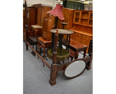 A group of furniture comprising a single bed with reeded and acanthus leaf carved upright, Middle Eastern brass straight top 