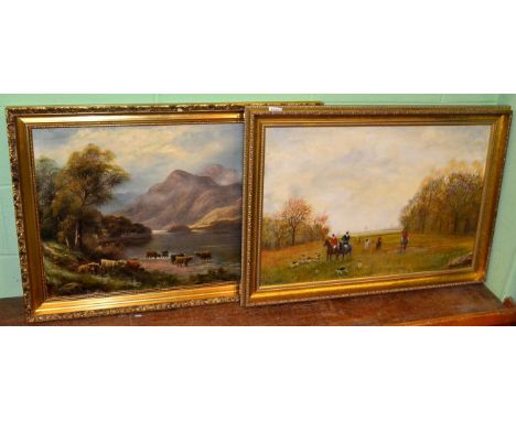 B Davies, highland cattle beside a loch, signed, oil on canvas together with a hunting oil signed G Thomas (2) 