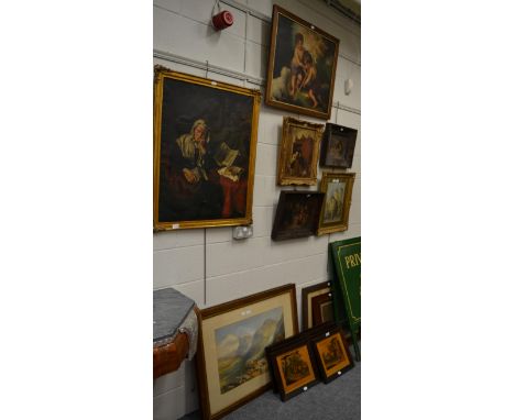 A collection of paintings and watercolours comprising a pair of watercolours, one signed W Robotham, mountainous landscape; a