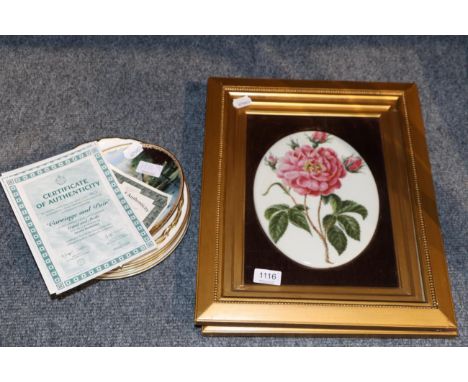 A pair of 20th Century handpainted oval porcelain plaques with roses, framed and glazed; together with nine various collector