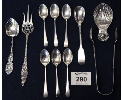 Bag of assorted silver to include shell shaped caddy spoon, sugar nips, spoons etc. (B.P. 24% incl. VAT)