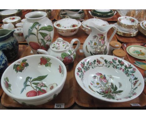 Two trays of Portmeirion 'Pomona' design items; pedestal bowls, teapot, vases etc. (B.P. 24% incl. VAT)