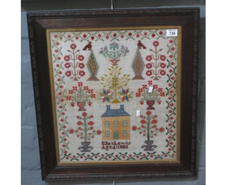 19th century Welsh childs sampler by 'Ellen Lewis, aged 11 1888'. 50 x 44 cm approx. Framed and glazed.(B.P. 24% incl. VAT) C