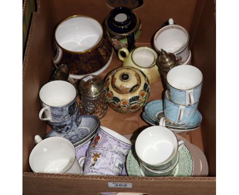 Box of assorted china to include; Wedgwood 'Millennium' coffee cans and saucers, commemorative mugs, Japanese vase, the D Day