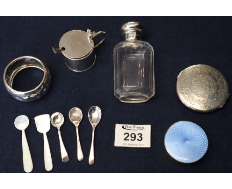 Bag of assorted silver and other items to include ladies dressing table scent bottle with silver mount. Preserve mustard pot 