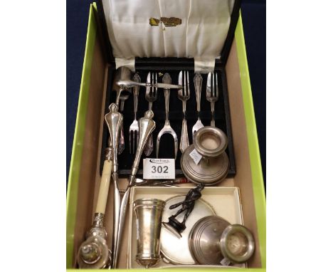 Box of assorted silver and other items including stilton scoop, dwarf candlesticks, pepperette, glove stretchers, button hook