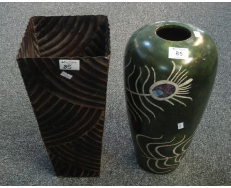 Modern oxidised metal stick stand, together with a decorative peacock feather design vase. (2)(B.P. 24% incl. VAT)