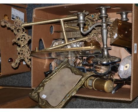 Box of assorted metalware to include; Art Nouveau design brass easel picture frame, brass rococo design easel, teaware, miner