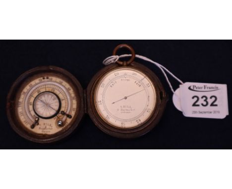 19th century pocket barometer marked 'T. Hill, 4 Hay Market, London' having silvered face with compass and thermometer in the