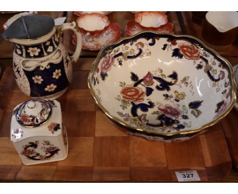 Masons Mandalay pedestal bowl, together with a Masons Mandalay tea caddy and a 19th Century Imari single handled water jug wi