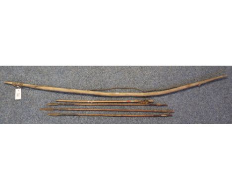 Wooden bow with three tribal arrows with barbed steel heads together with one modern arrow. (5)(B.P. 24% incl. VAT)