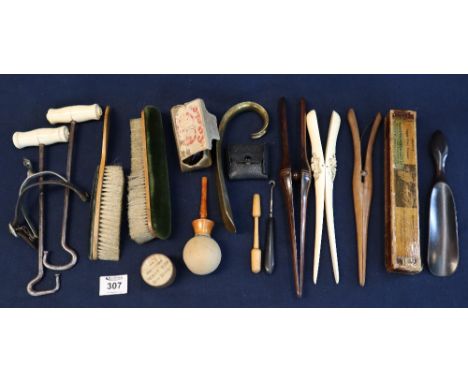 Box of vintage and antique costume accessories to include: three milliner's brushes, all with velvet backing; one marked 'J.B